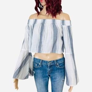 Anthropologie x Lilka Off the Shoulder Top Womens XS Blue White Bell Sleeve